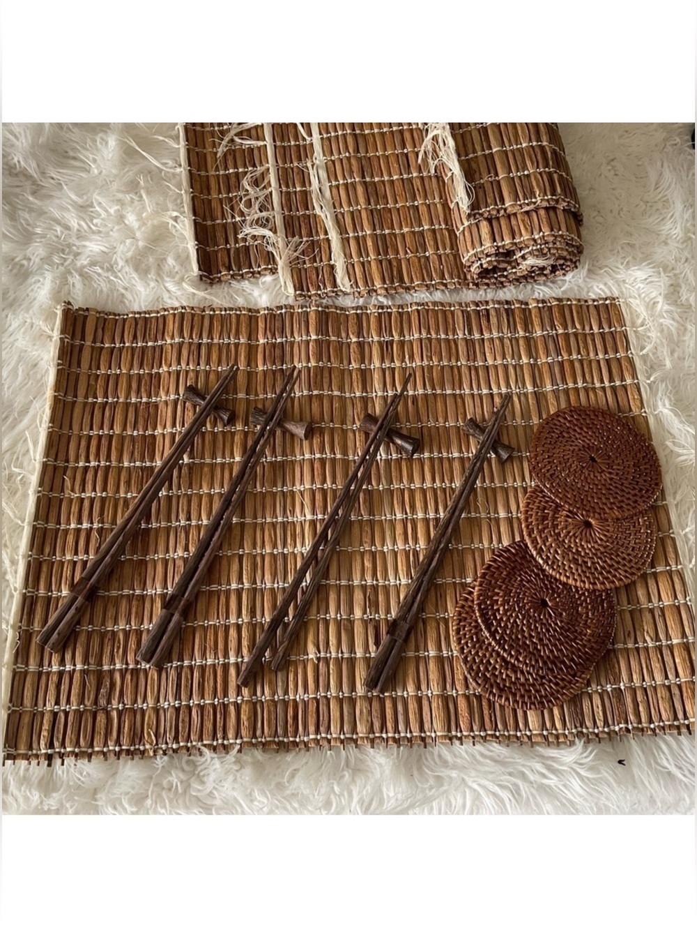 Balinese Placemats Set‎ Wooden Chopsticks Reed Sushi Mats Coasters Table Setting